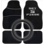 Set Auto Essential AVEX – 5 piese, Covorase Universale Mocheta + Husa Volan Piele Ecologica Perforata, Negru