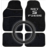 Set Auto Essential AVEX – 5 piese, Covorase Universale Mocheta + Husa Volan Piele Ecologica Perforata, Negru