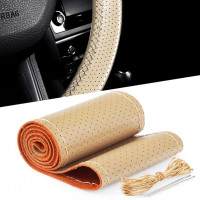Husa volan din PIELE BEJ + ATA BEJ, diametru 37 - 39 cm (se coase, aspect ORIGINAL)