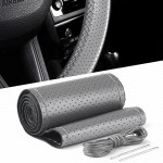 Husa volan din PIELE GRI + ATA GRI, diametru 37 - 39 cm (se coase, aspect ORIGINAL)